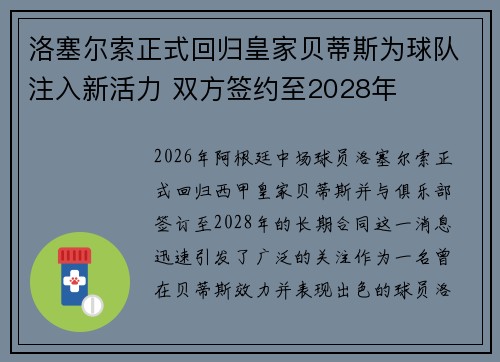 洛塞尔索正式回归皇家贝蒂斯为球队注入新活力 双方签约至2028年