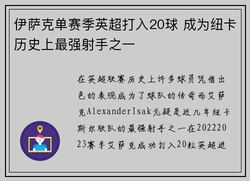 伊萨克单赛季英超打入20球 成为纽卡历史上最强射手之一